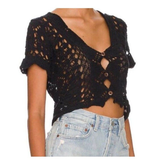 Free People Jilly Crop Crochet Cardigan in black size  S /P - Picture 1 of 8